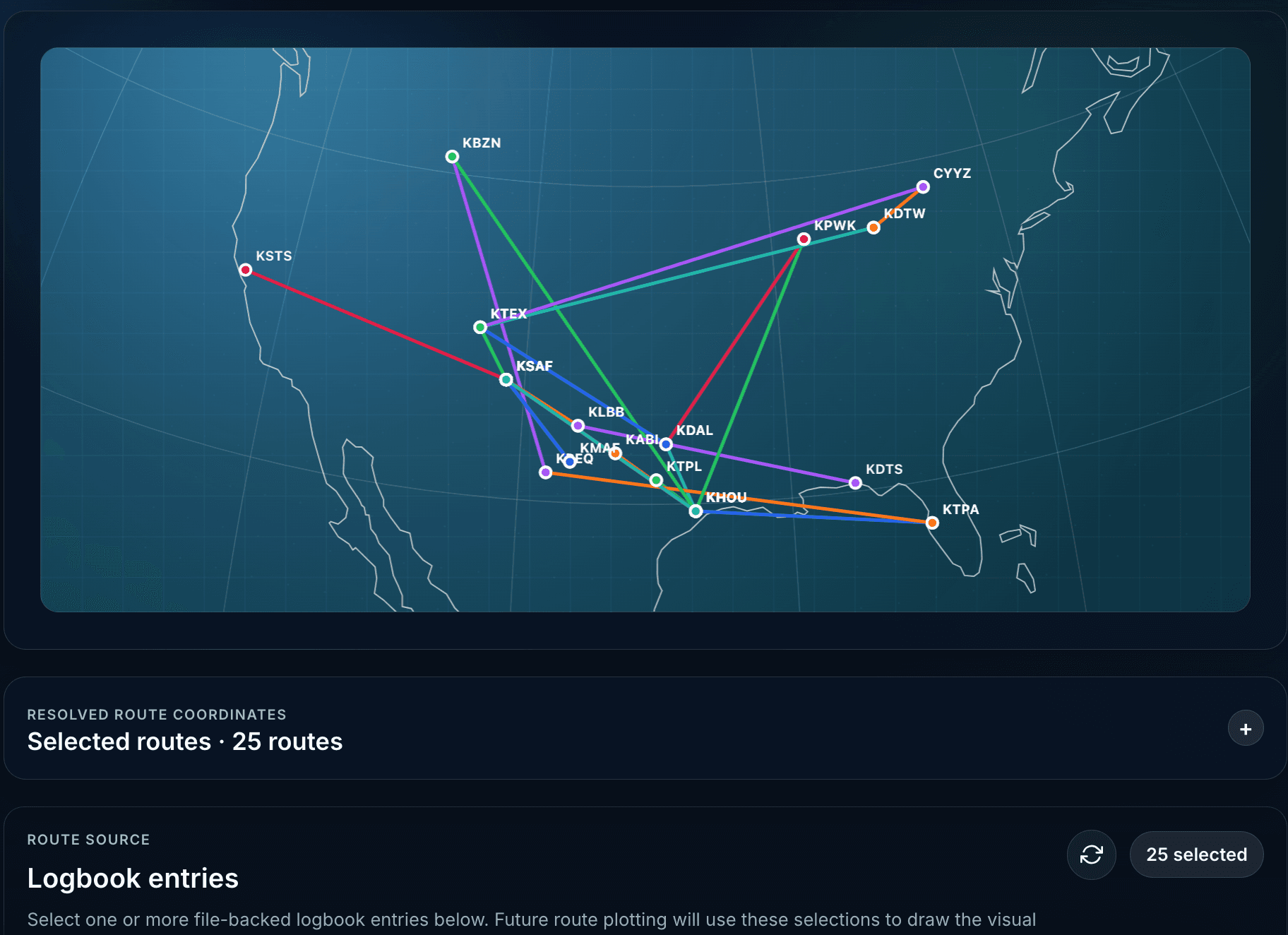 Route map plotted from logbook flights