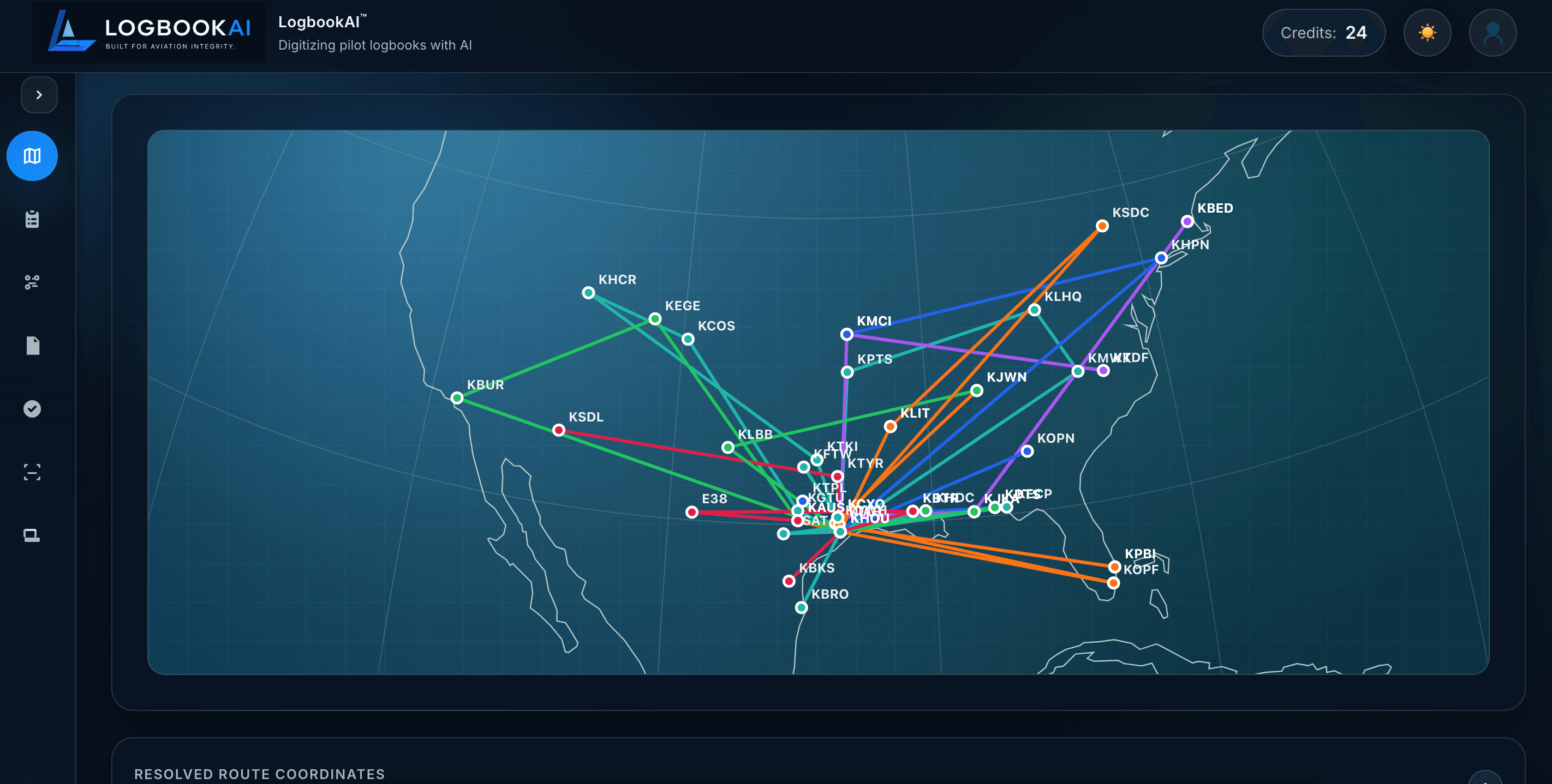 LogbookAI logbook showing flight entries, times, and totals